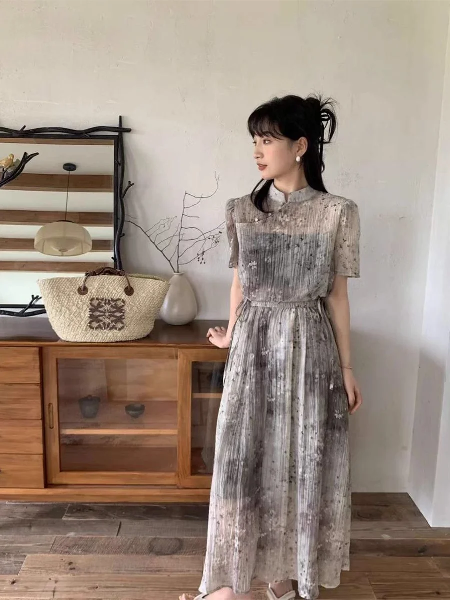 

Ретро-костюм Ele: женский комплект из рубашки с коротким рукавом и юбки, двухсоставный костюм в китайском стиле с пуговицами, модный летний наряд