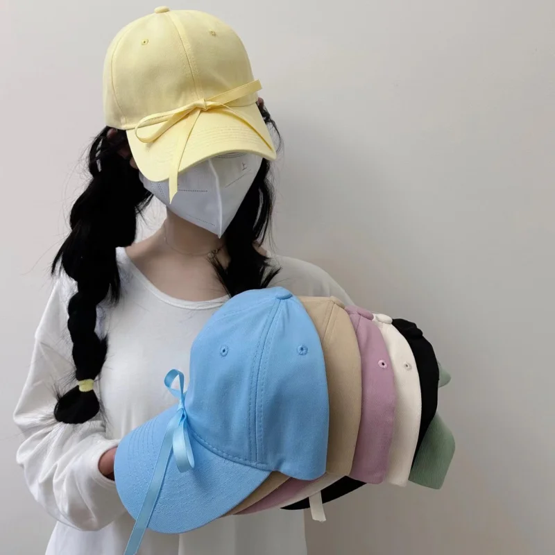 South KoreainsWind Bow Baseball Cap Girl Sweet Cute Dopamine Candy Color Hat All-Matching Peaked Cap