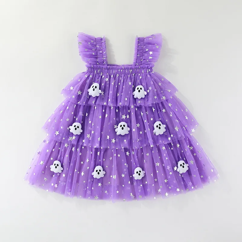 Halloween Festival Dresses Flying Sleeve Mesh Pumpkin Ghost Pattern Cake Dress Sling Christmas Tree Dress 1-6Y