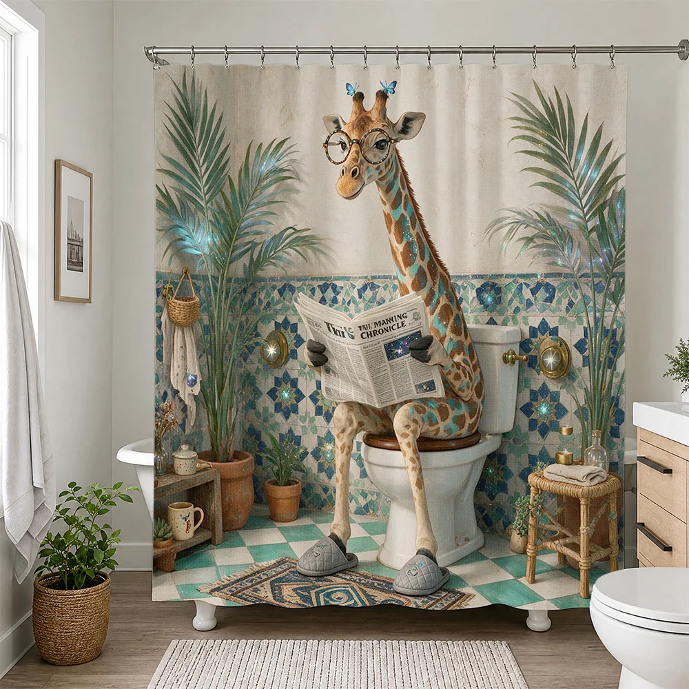 Funny Giraffe Reading Book Bathroom Shower Curtain Tropical Safari Animal Print Novelty Bath Decor