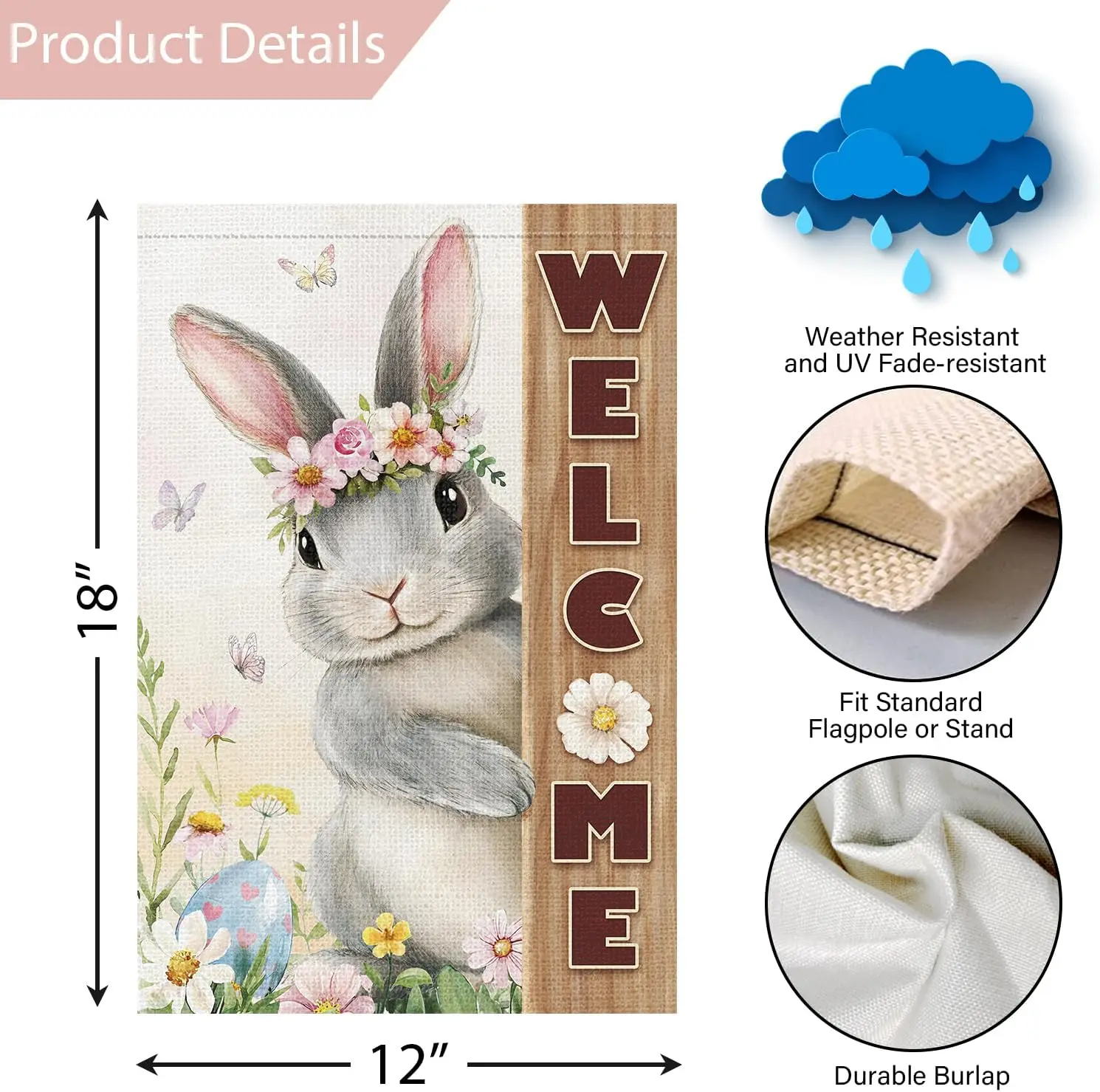 Louise Maelys Easter Welcome Garden Flag Floral Bunny Rabbit Easter Egg Double Sided 12x18 Inch Small Daisy Flower Burlap We AAS