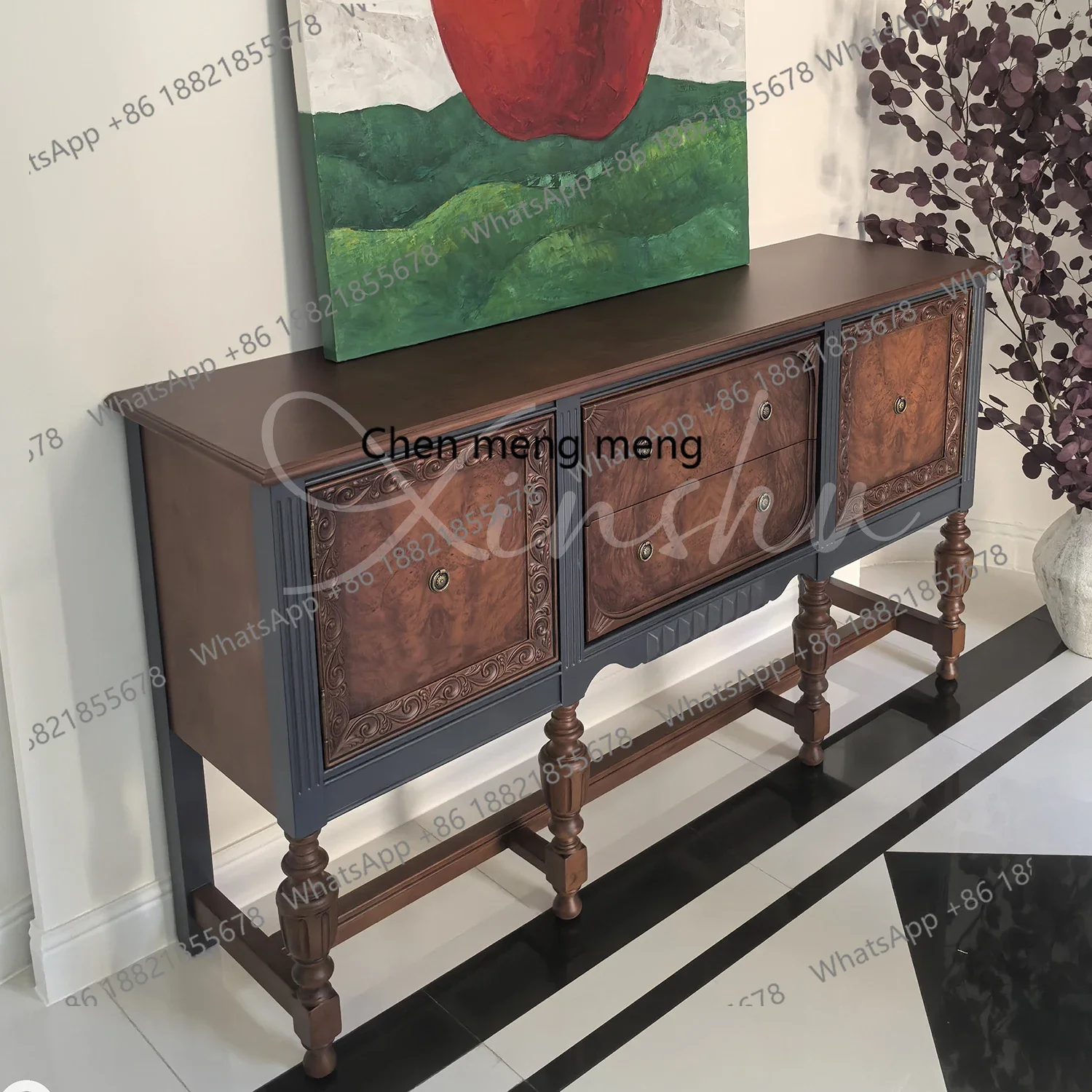 

French antique dining side cabinet American solid wood living room decoration household wall storage cabinet H