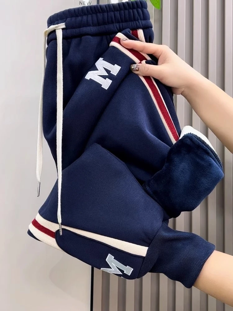 Winter Fleece-Lined Sweatpants Women Fashion Y2k High Waist Thickened Warm Slacks 2025 New Contrast Color Splice Harlan Trousers