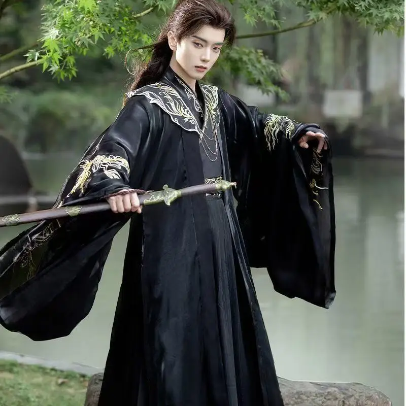 

Original Black Hanfu Men's Traditional Chinese Cross Collar Embroidery Suits Festive Stage Performance Swordsman Cosplay Costume