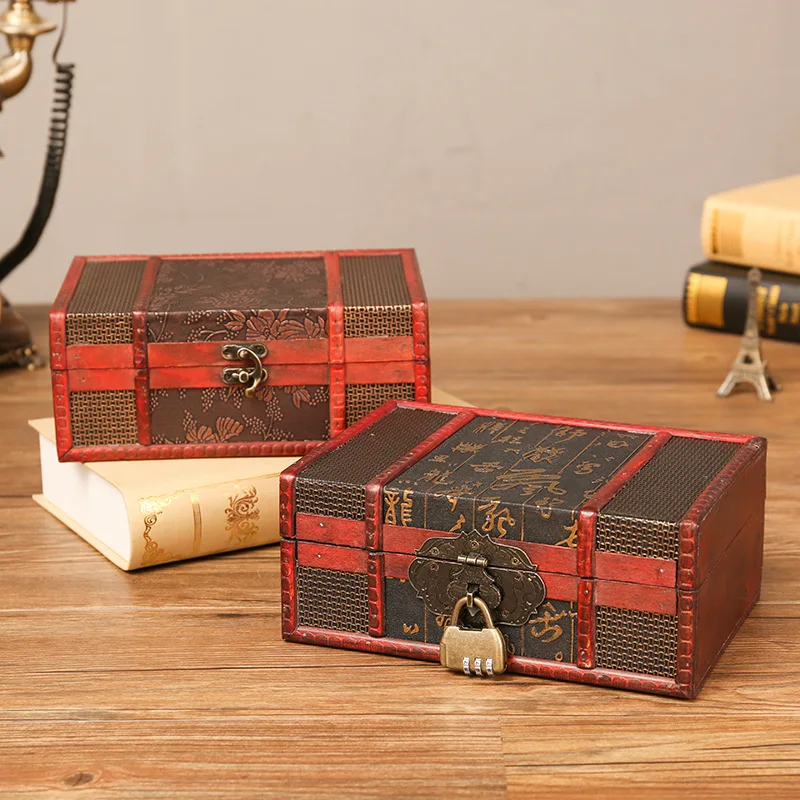 Retro Storage Box Desktop Jewelry Cosmetic Finishing with Lock Wooden Box Photography Props Wooden Storage Box