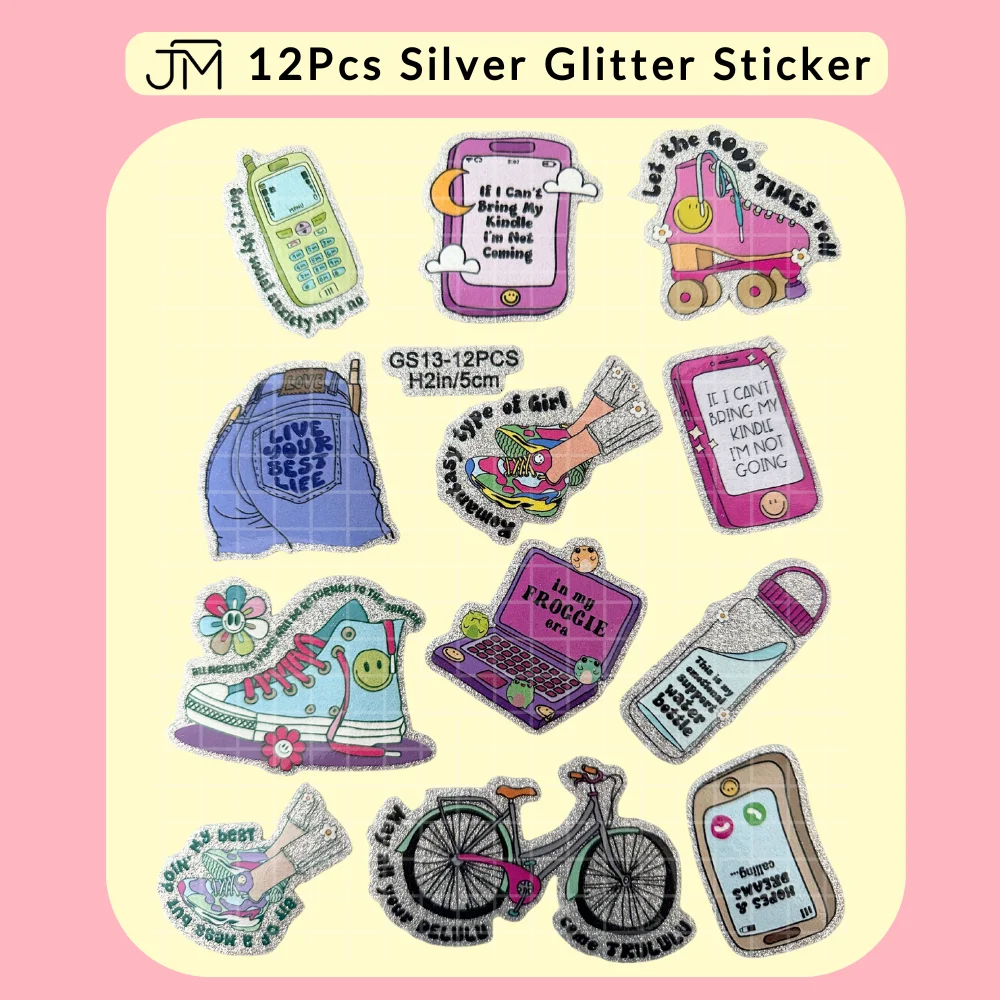 12pcs Coffee Self Care Mental Health Gold Silver Glitter UV DTF Stickers Sparkling Decal For Cup Mug Notebook Paper DIY Craft