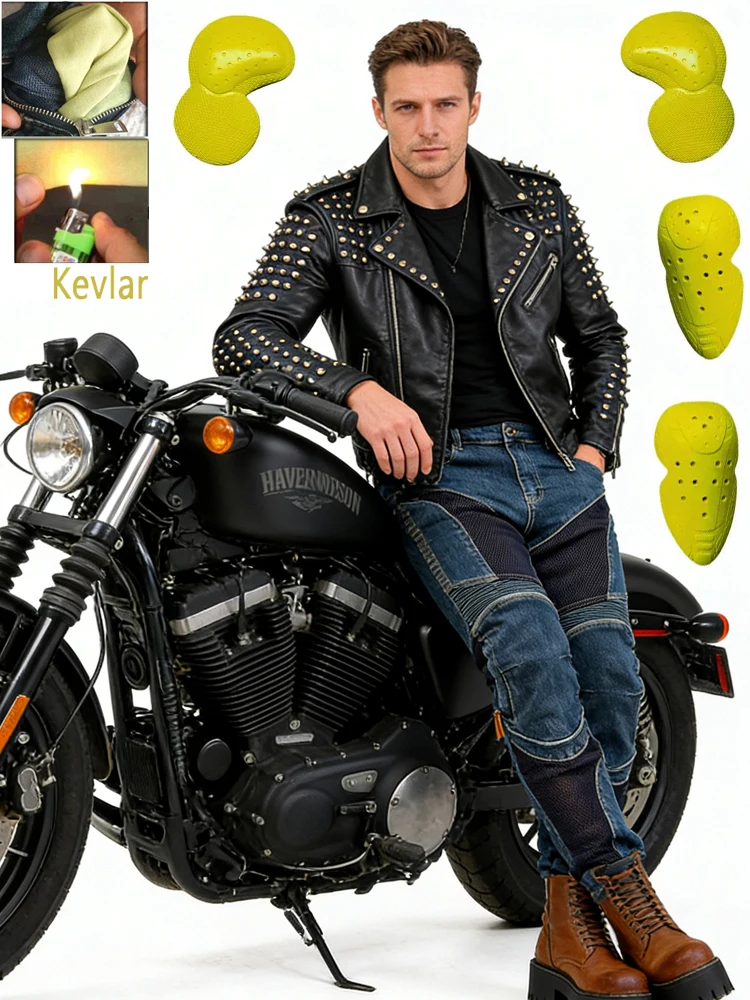 Herren Sommer Komplett Blaue Kevlar Motorrad-Jeans Abriebfest Winddicht Dirt Bike Fahrhose Langlebige Schutzausrüstung 032