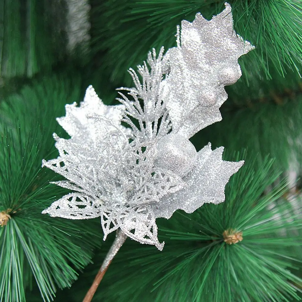 Durable PVC Artificial Pine Branches Hollow Out Craft Simulation Root Branches Glitter Simulated Christmas Leaves