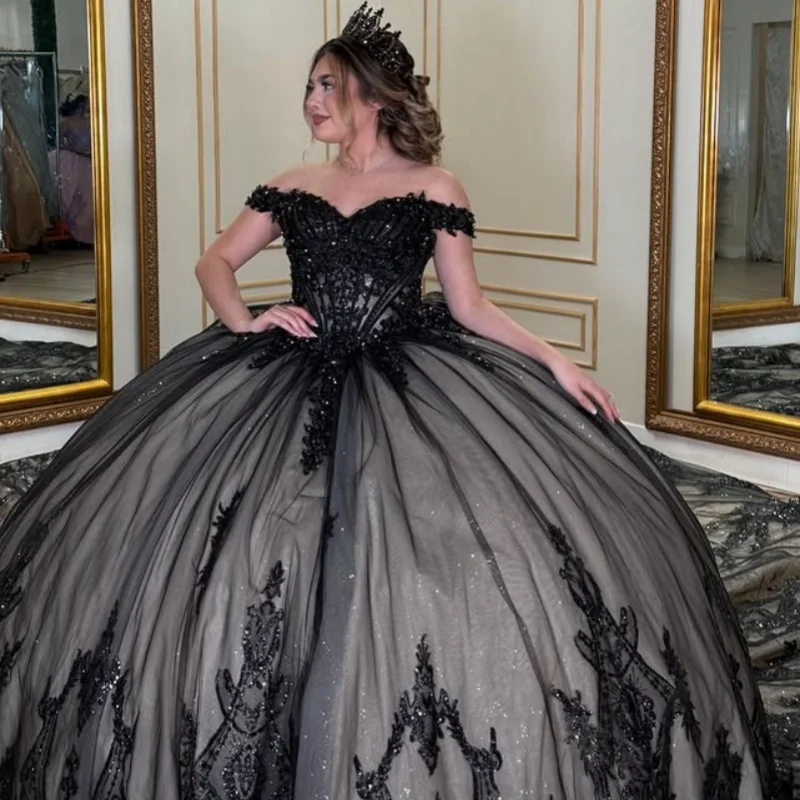 

Shiny black Quinceanera Dress Lace Tull glitter decal Long tail 3D flower Bow vestidos de 15 Quinceanera ﻿Customized