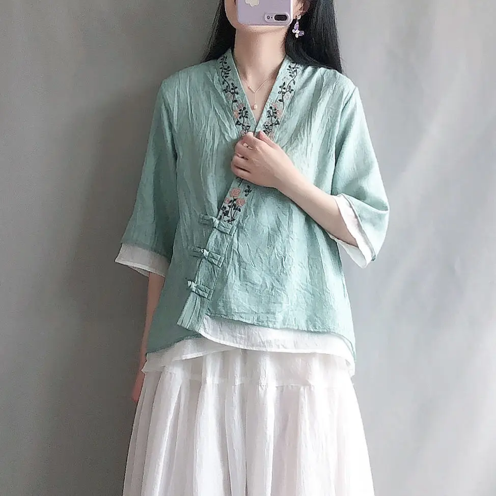 

Retro Slanted Lapel Button Shirt Spring Summer Double Layer Cotton Linen Chinese Style Top