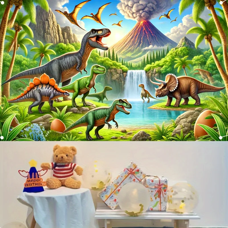 Vivid Dinosaur World Park Fotografie-Hintergrund – Tropical Jungle Adventure Themed Geburtstagstorte, Tischdekoration und Fotokabine