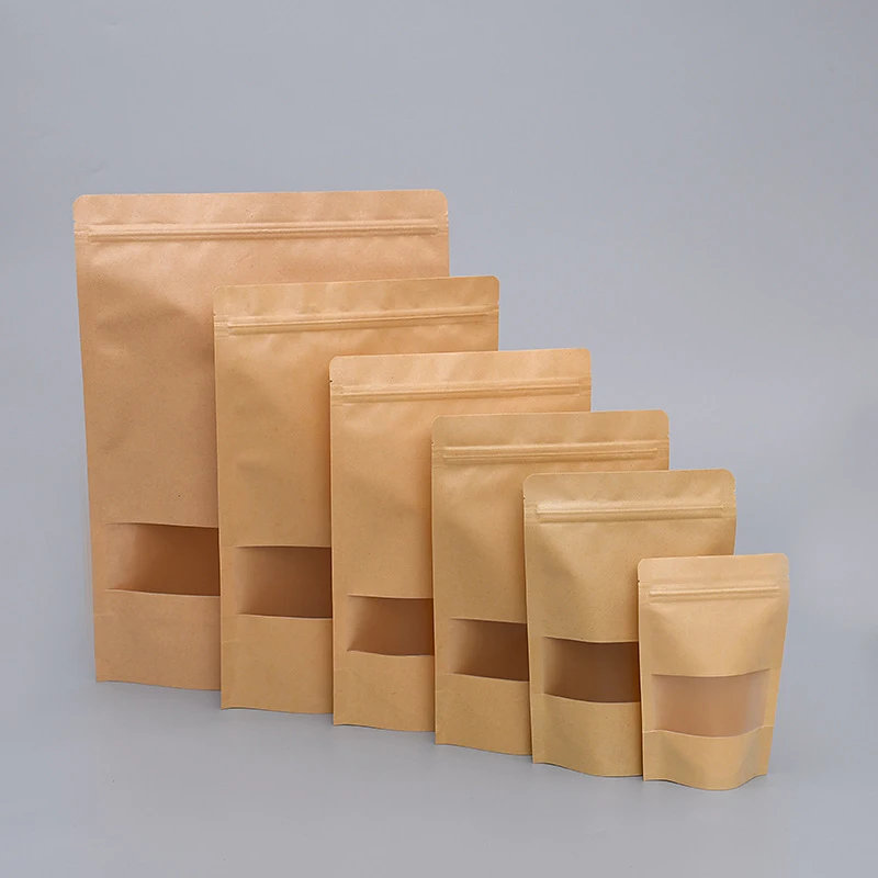 

50pcs/Lot Reusable Gift Snacks Nut Tea Food Zipper Bag Packaging Pouches Brown Stand Up Kraft Paper Bags with Matte Window