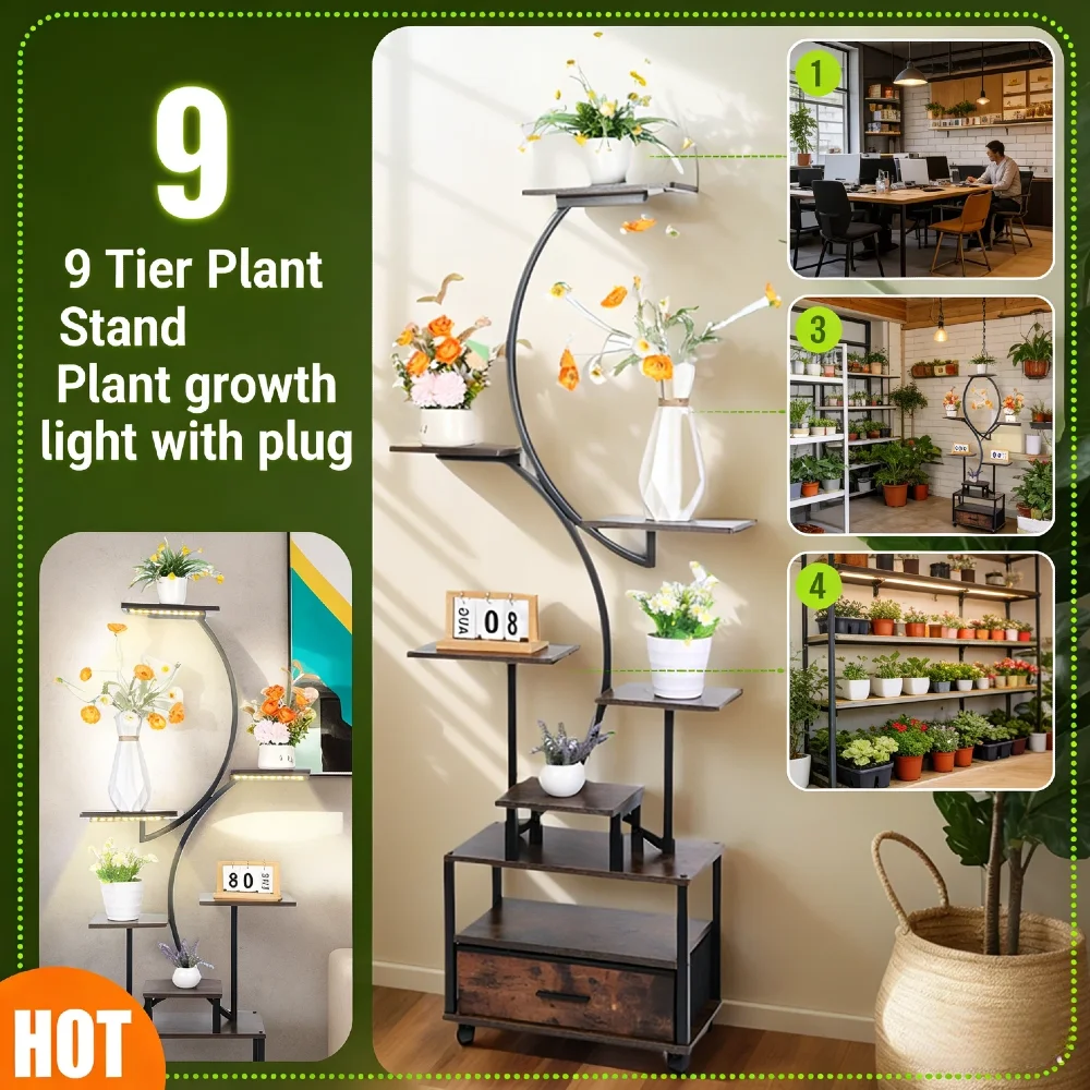 

9-уровневая металлическая подставка для растений в помещении и на открытом воздухе высотой 65 дюймов с таймером освещения для выращивания растений, регулируемая яркость, полки для хранения для Ho