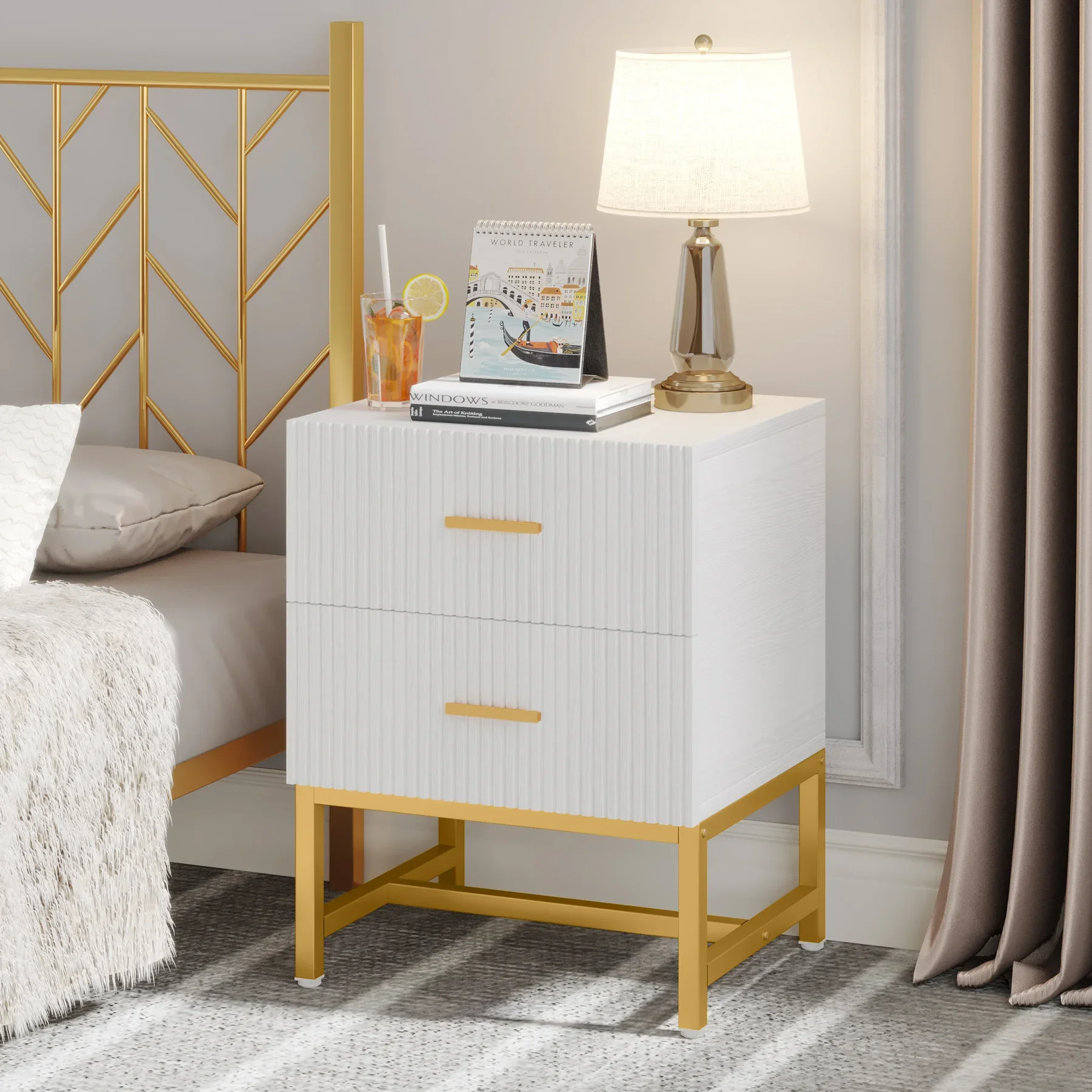 Tribesigns Hot selling Modern Luxury Wood Nightstands Large White Gold Bed Side End Table for Bedroom