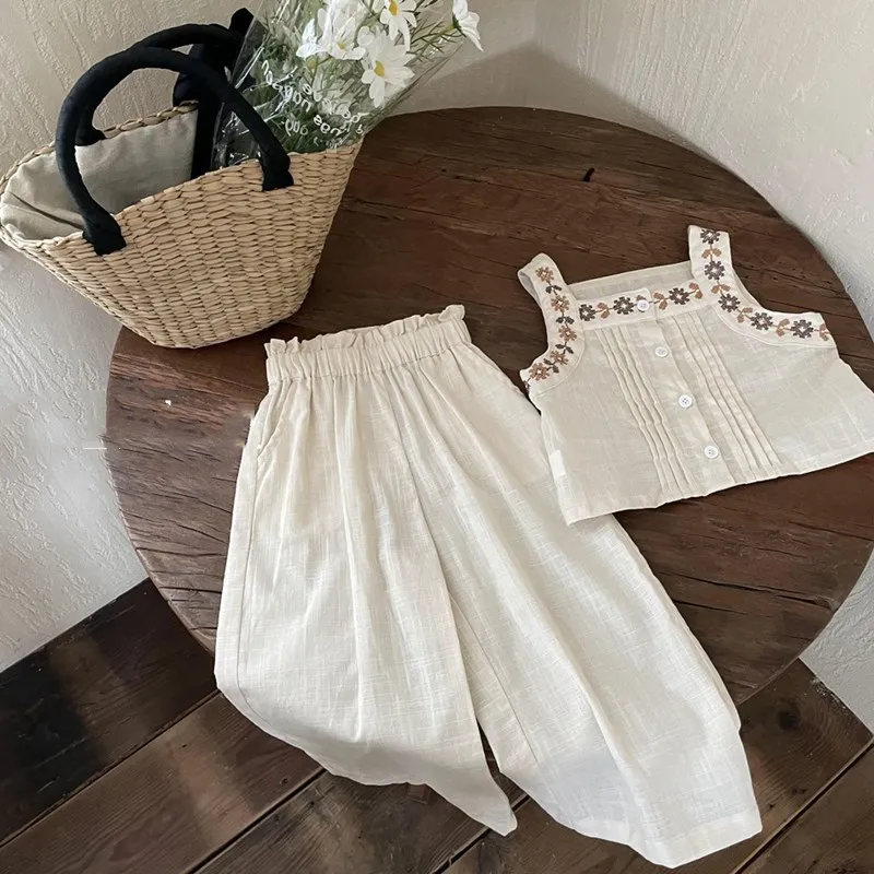 Summer Girls\' Clothing Sets Japanese Korean Style Embroidery Short Cotton Vest+Wide Leg Pants Baby Kids Children Clothes Suit