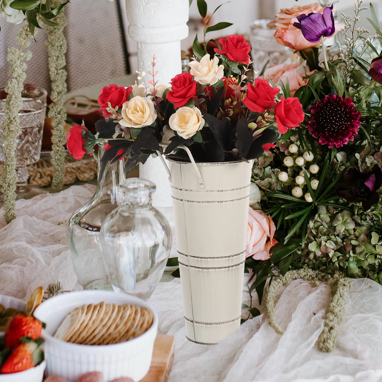 

2pcs Iron 11cm Top 7cm Bottom 23cm Beige Vintage Decorative Flower Bucket Rustic Metal Rustic Vase Planter Container
