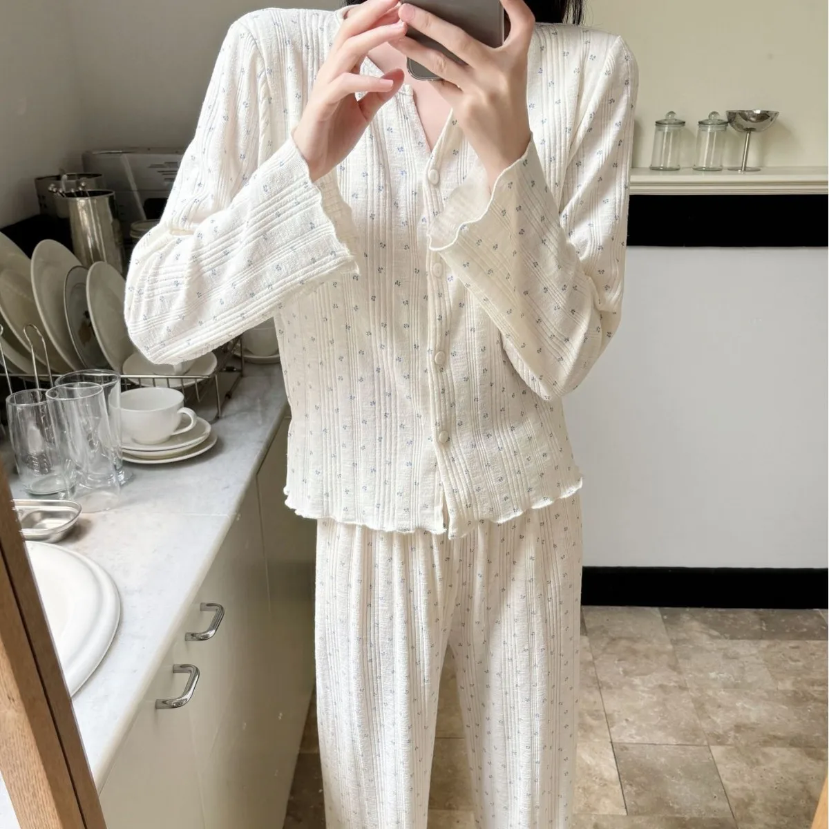 Women's Print Pajama Set Long Sleeve Spring Autumn Ladies Sleepwear 2 Pcs with Pant Single Breasted Pyjama Suit for Female