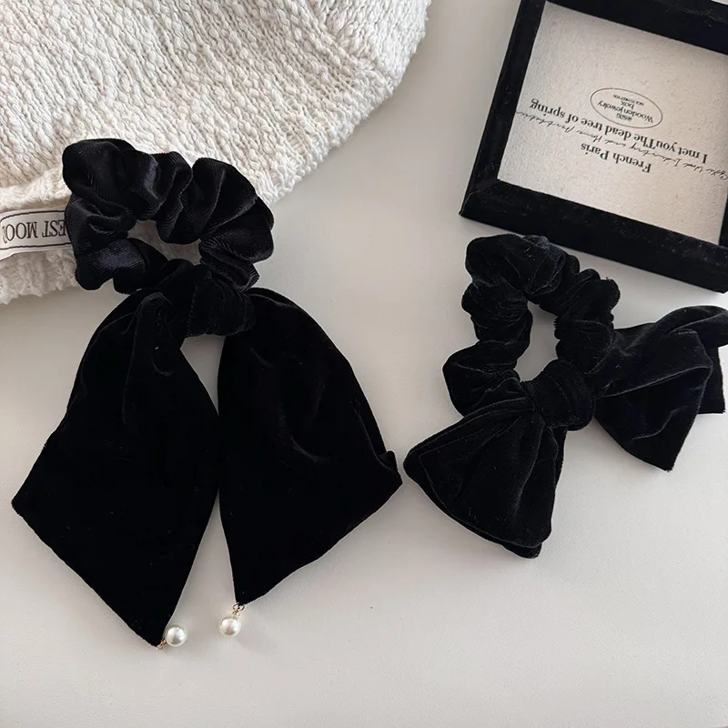 Black velvet pearl pendant with ribbon style hair loop and hair rope high-end vintage velvet temperament versatile headdress