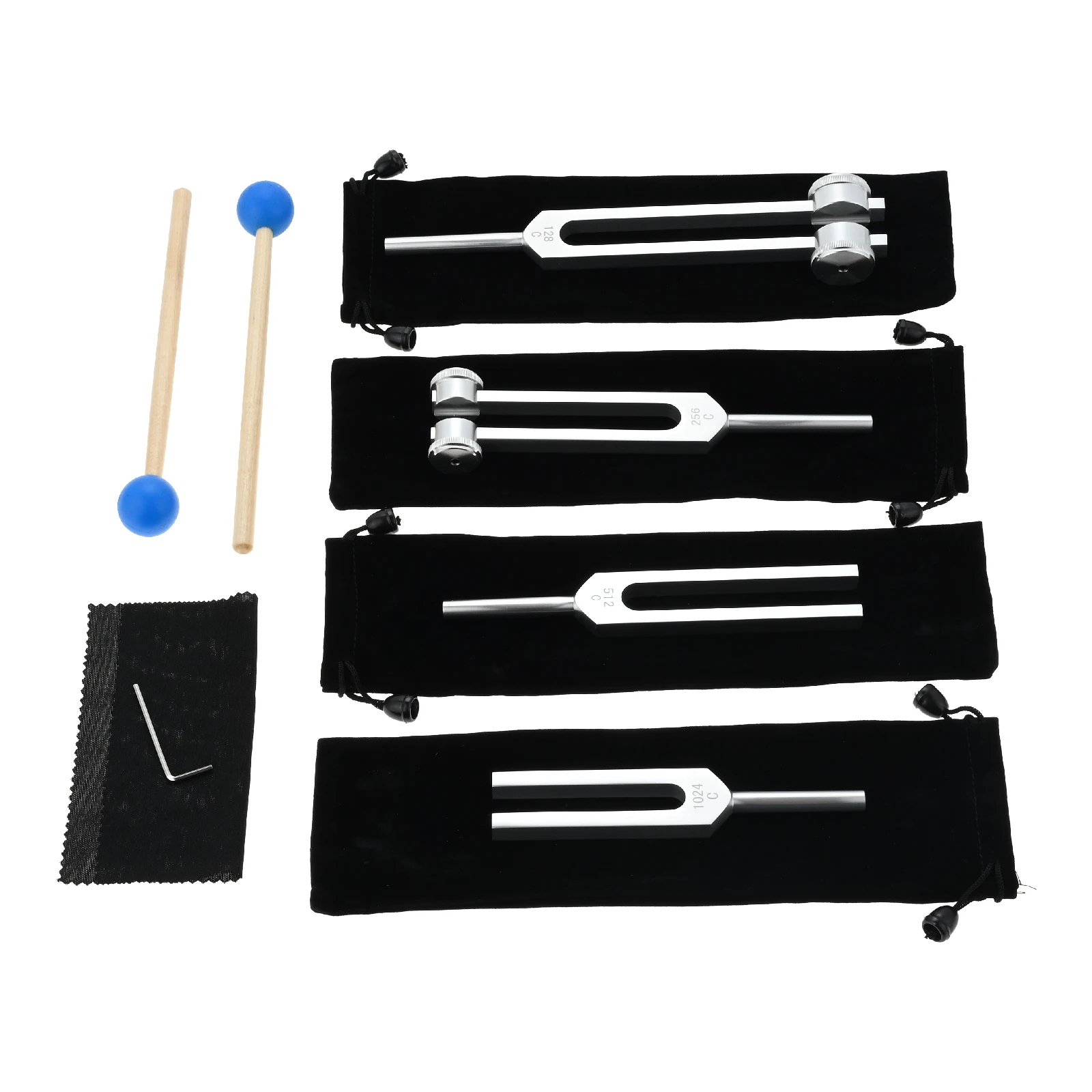 1Set Silvery Tuning Forks 128Hz 256Hz 512Hz 1024Hz for Sound Yoga Meditation Relaxation Aluminum Alloy with Hammers Velvet Pouch