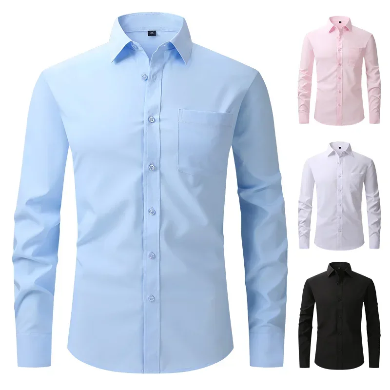USA size casual long-sleeve shirts for men elastic white black shirt soft designer tops fashion solid color green Pink clothes