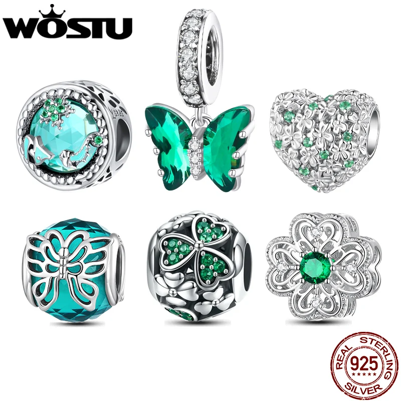 WOSTU Real 925 Sterling Silver Green Crystal Butterfly Charms Four-leaf Clover Heart Beads Fit Original Bracelet DIY Necklace