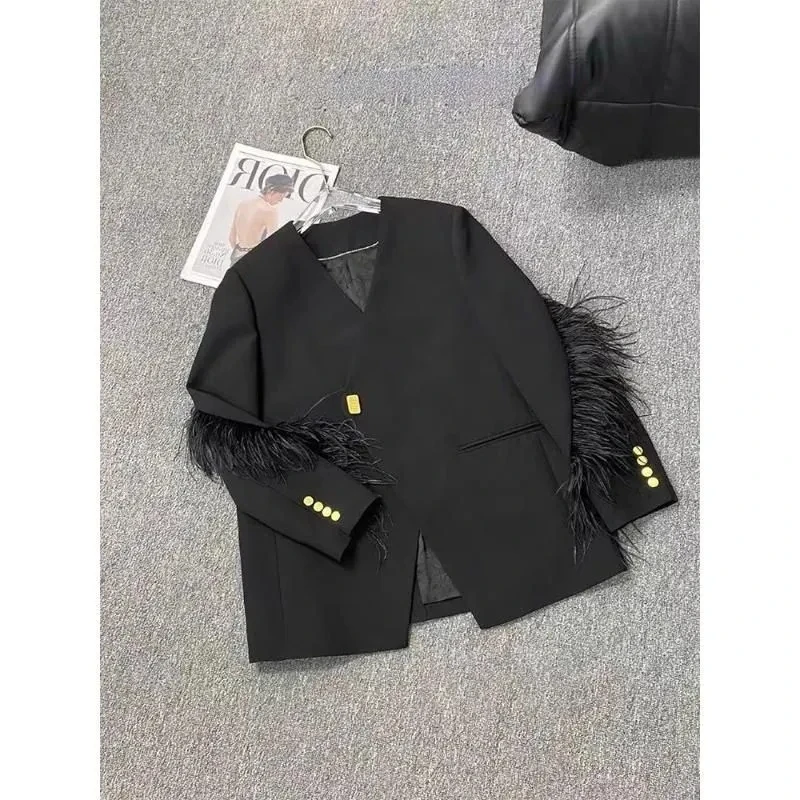 Woman Vintage V-collar Feather Tassel Stitching Blazer Coat Black Loose Suit Jacket Female Long Sleeve Fur Patchwork Outerwear