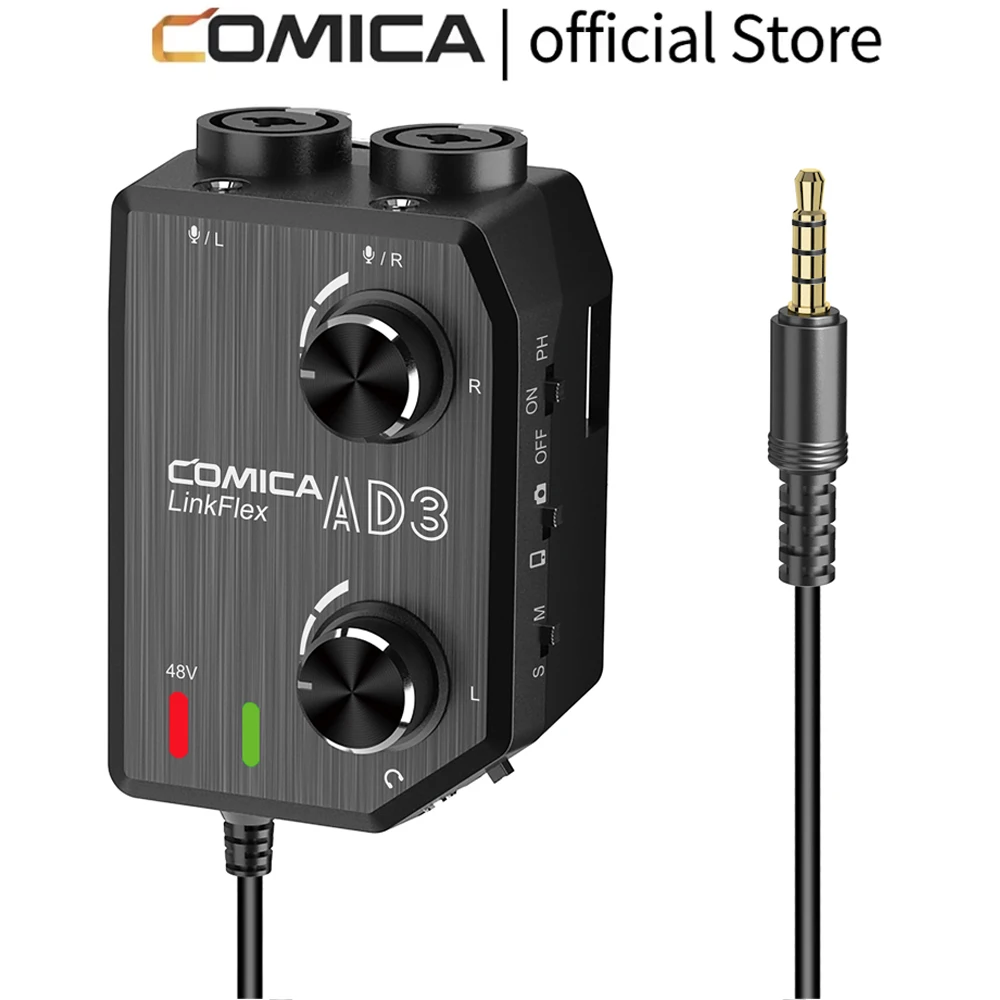 Comica LINKFLEX AD3 2-Channel Microphone Audio Mixer Preamp with Phantom Power, Guitar Audio Interface Microphone for Camera