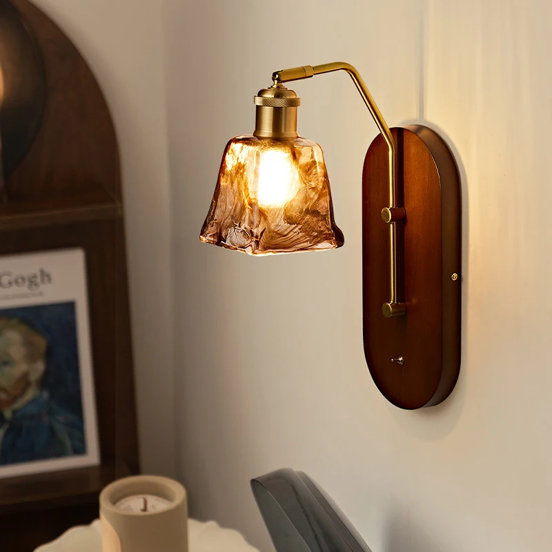 

Vintage Amber Glass Wall Sconce Light Adjustable Wall Lamp with Switch Home Decor Wood Wall Light Bedroom Bedside Living Room