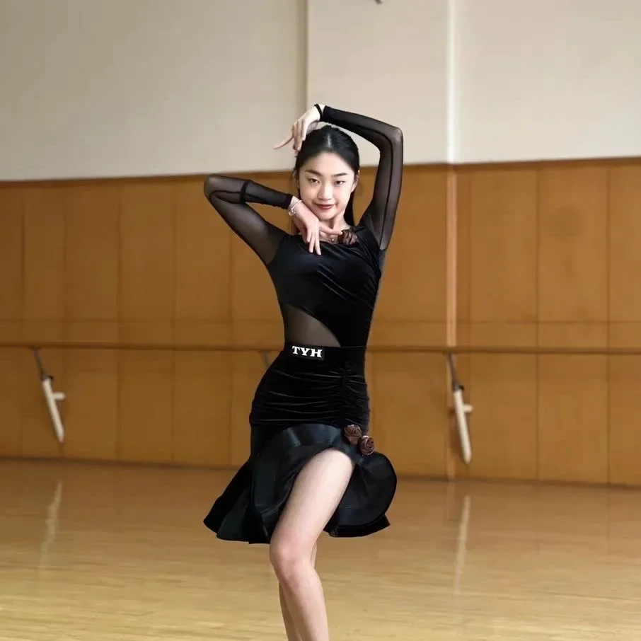 latin dance dress woman competition dance shirt skirt long sleeve Dance wear perform Latin suit stage custom 2025 suit