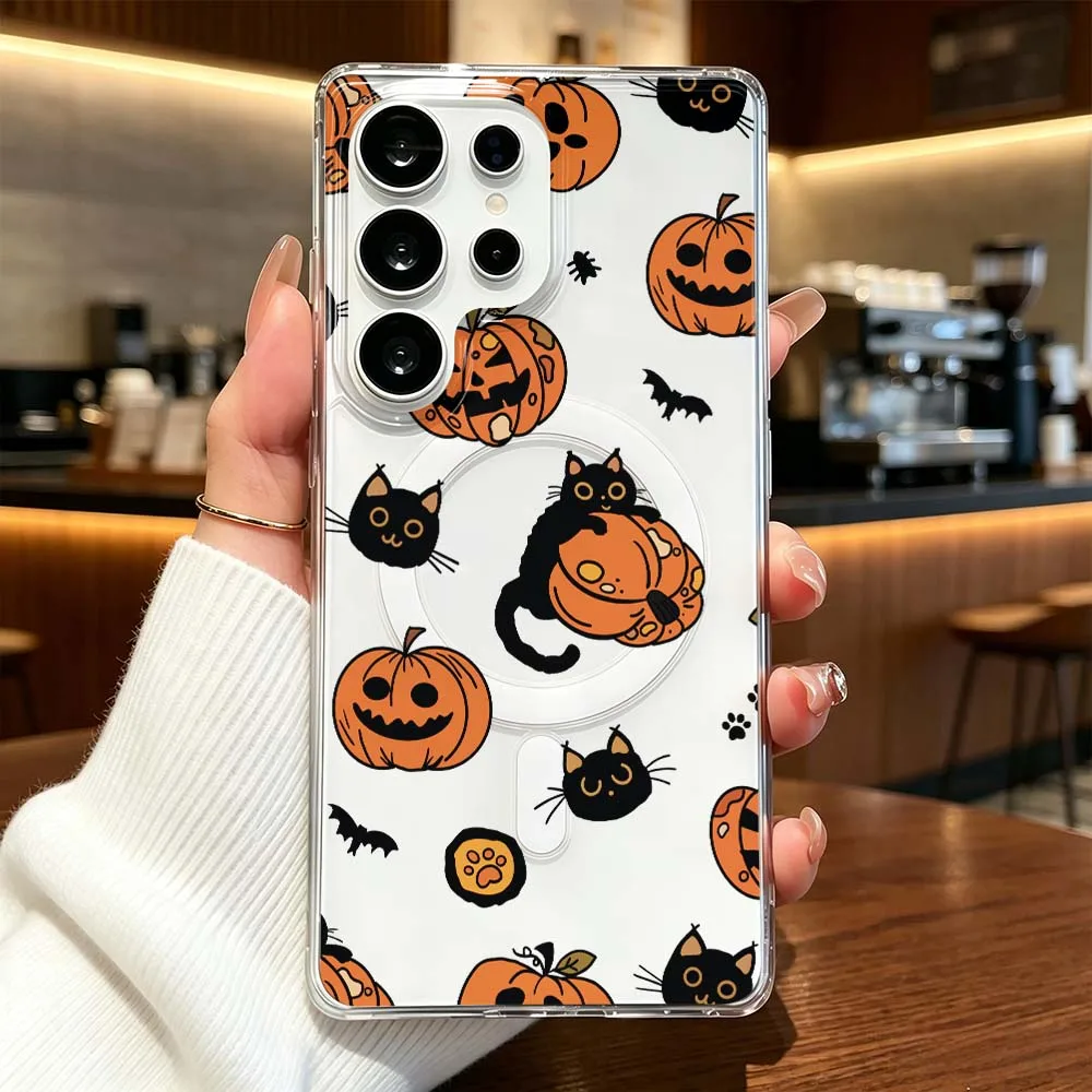 Halloween Pumpkin Cat Cover For Samsung Galaxy S26 S25 S24 S23 S22 S21 Ultra FE Plus Transparent Magnetic Phone Case