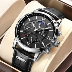 LIGE Mens Watch Leather Outdoor Sport Calendar Quartz Watches Men Waterproof Luminous Moon Phase Man Watch Chronograph Clock+Box