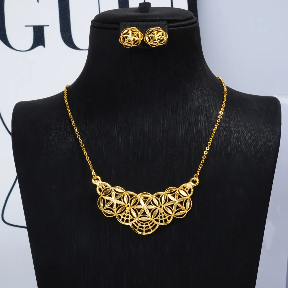 

New European Dubai Fashion 24K Gold Plated Necklace Earrings Exquisite Engagement Party Jewelry Set for Lovers