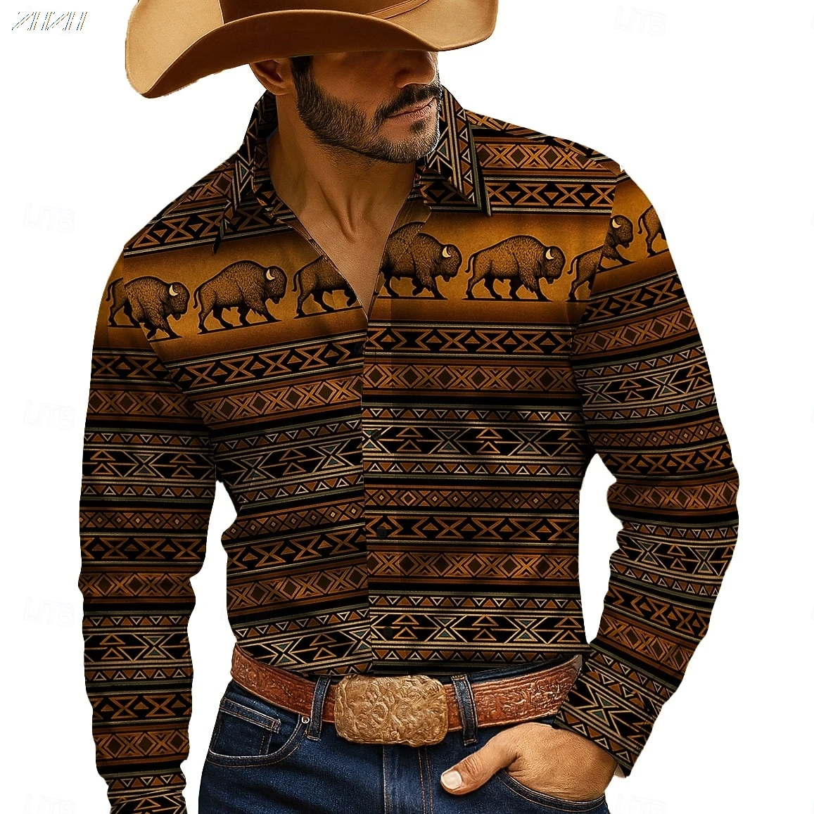 

Men's Plaid Western Shirt, 3D Print Button Up Collared, Vintage Cowboy Style, Spring Fall Casual Workwear Retro Streetwears