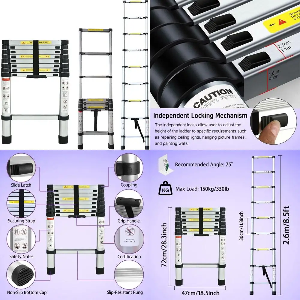 

Lightweight Portable Collapsible Aluminum Extension Ladder 8.5FT 2.6M EN131 Standard 330 Pound Capacity