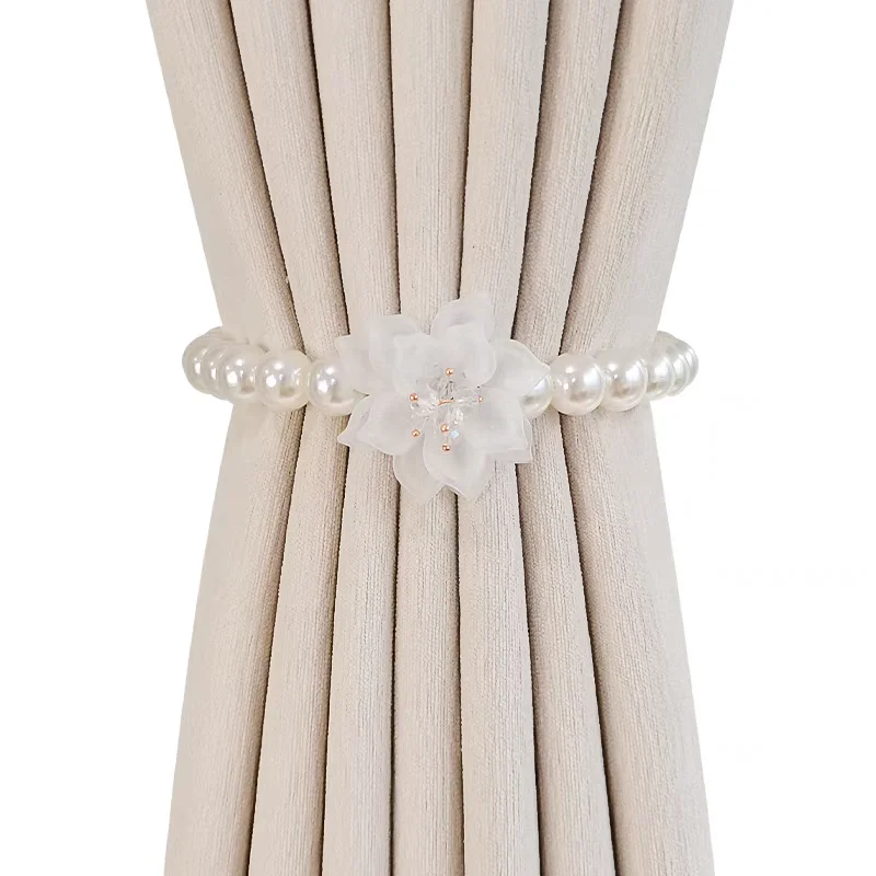 2pcs Pearl Curtain Strap Set, Simple Gauze Curtain Strap Storage Clip, Fixed Binding Rope, Flower Buckle Ring Decoration