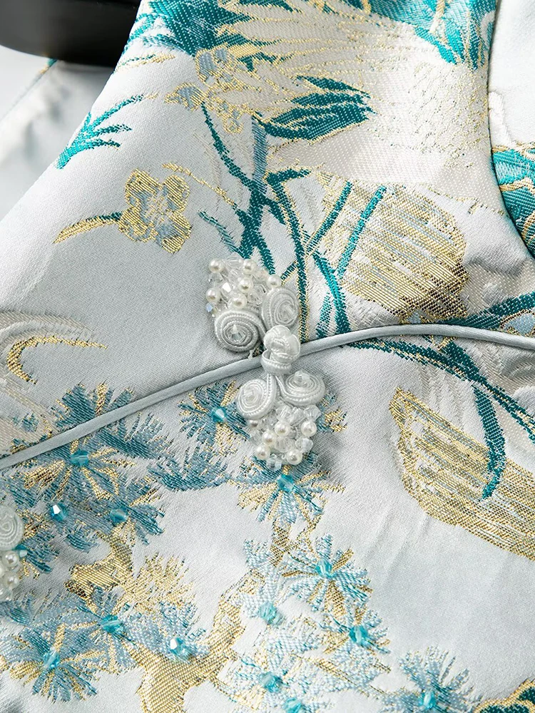 DSFACAIRIJ レディース スタンドカラー ノースリーブ ビーズ ジャカード ミニドレス 中国風 夏 ファッション 女性用