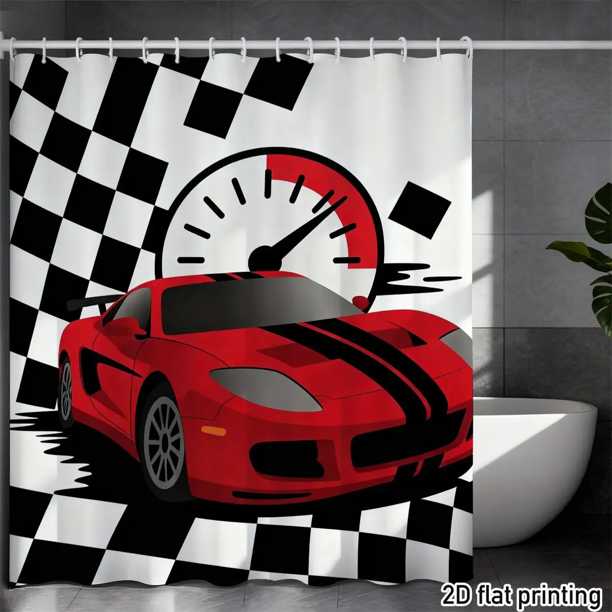 Red Sports Car Shower Curtain 72x72 Polyester Washable with Racing Checkered Flag & Speedometer Design