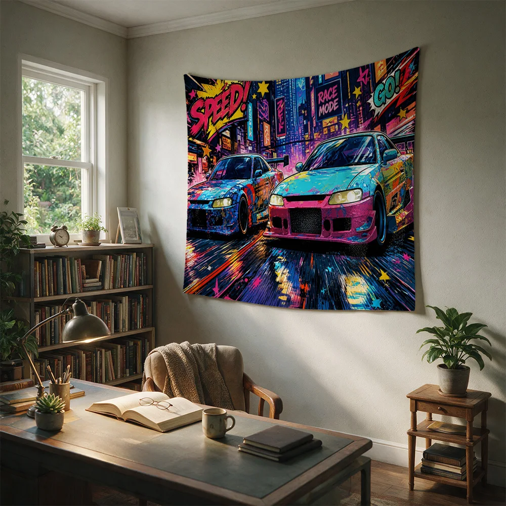Vibrant Retro Speed Race Car Art Tapestry Wall Hanging for Man Cave Garage Decor Pop Culture Automotive Style