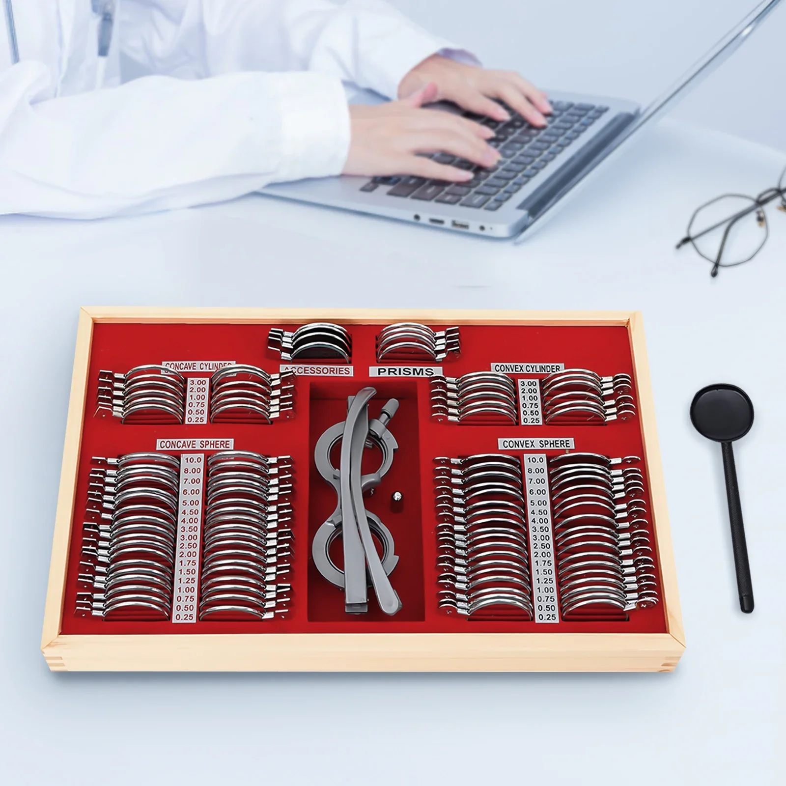 104 Pcs Trial Lens Set Kit, Metal Frame Box, Testing Frame Optometry Kit, Optical Testing Lens Precision Frame & Lens Silver Box