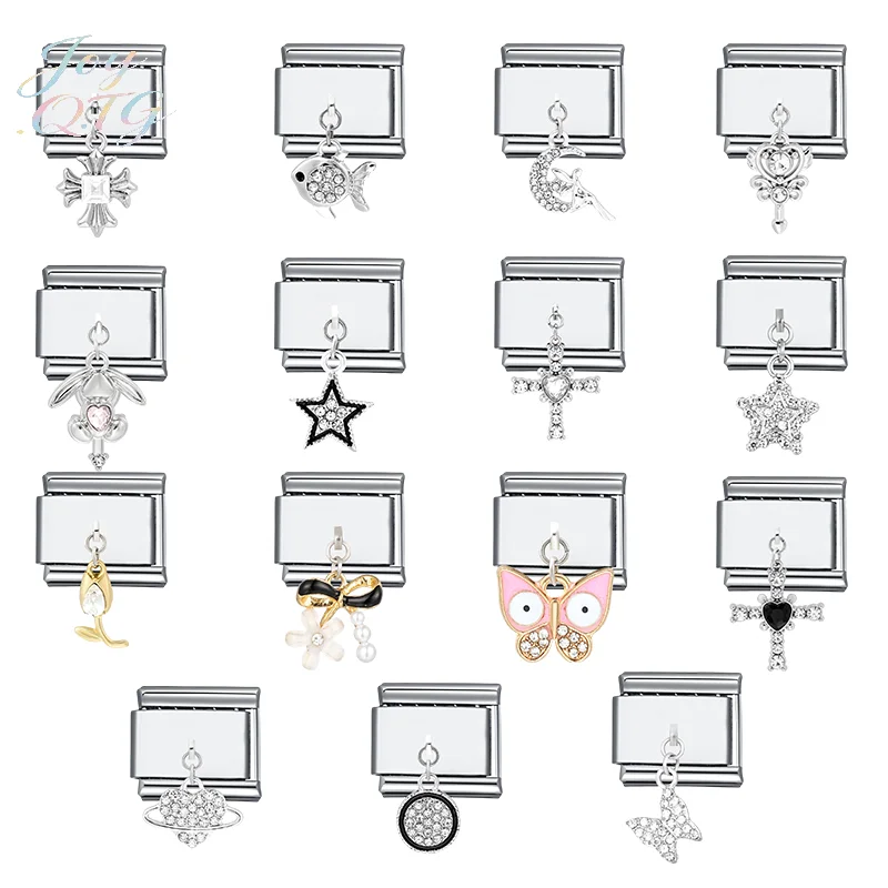 Gran oferta, dijes de eslabones italianos con forma de corazón, Cruz, mariposa, pulsera de acero inoxidable de 9mm, abalorio de cuentas, fabricación de joyería DIY, regalo de moda