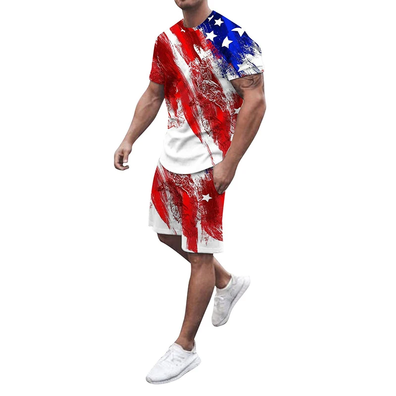 Men\'s T-shirt Sets USA American Flag 3D Print Tracksuit T Shirts Shorts 2 Pieces Streetwear Male\'s Oversized Suits Sportswear