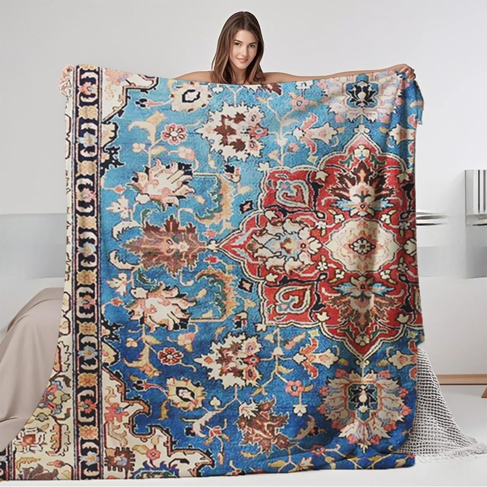 

Winter/summer Flannel Cozy Blanket Tabriz Rug With Blue Simple Modern Pattern Travel Blanket Hospitality Bedding