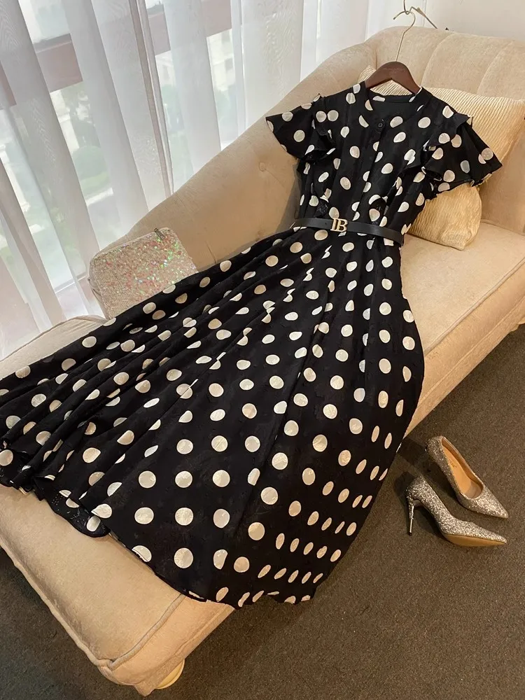 

Summer Women Dot Print Midi Long Dress Stand Collar Ruffles Sleeve Elegant Single Breasted Vestidos Female Vacation Beach Robe