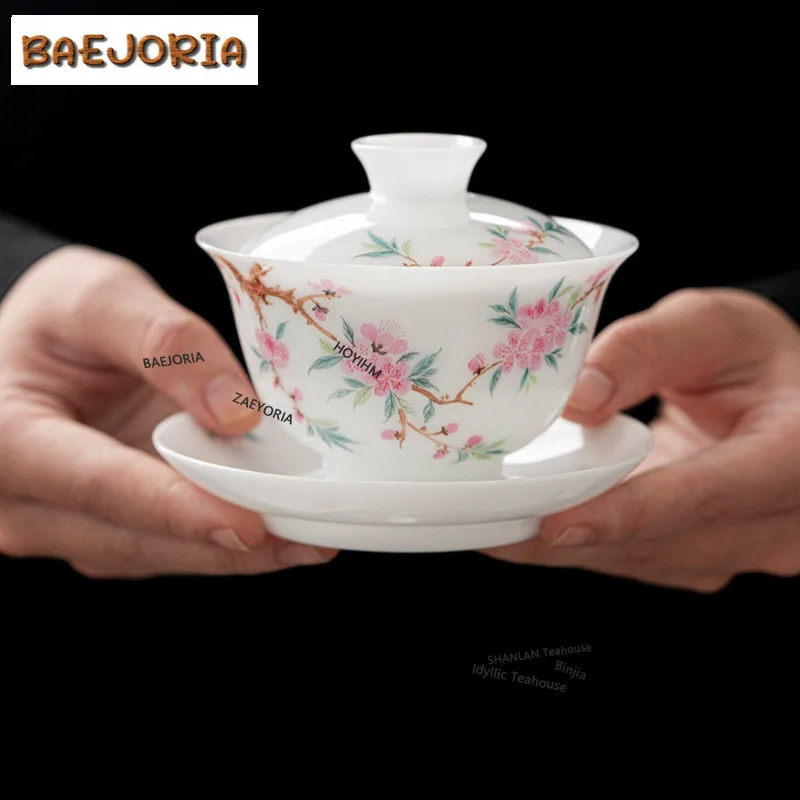 BAEJORIA 135ml White Jade Clay Gaiwan Ancient Hand-painted Flower Anti-scald Tea Tureen Tea Maker Cover Bowl Drinkware Supplies