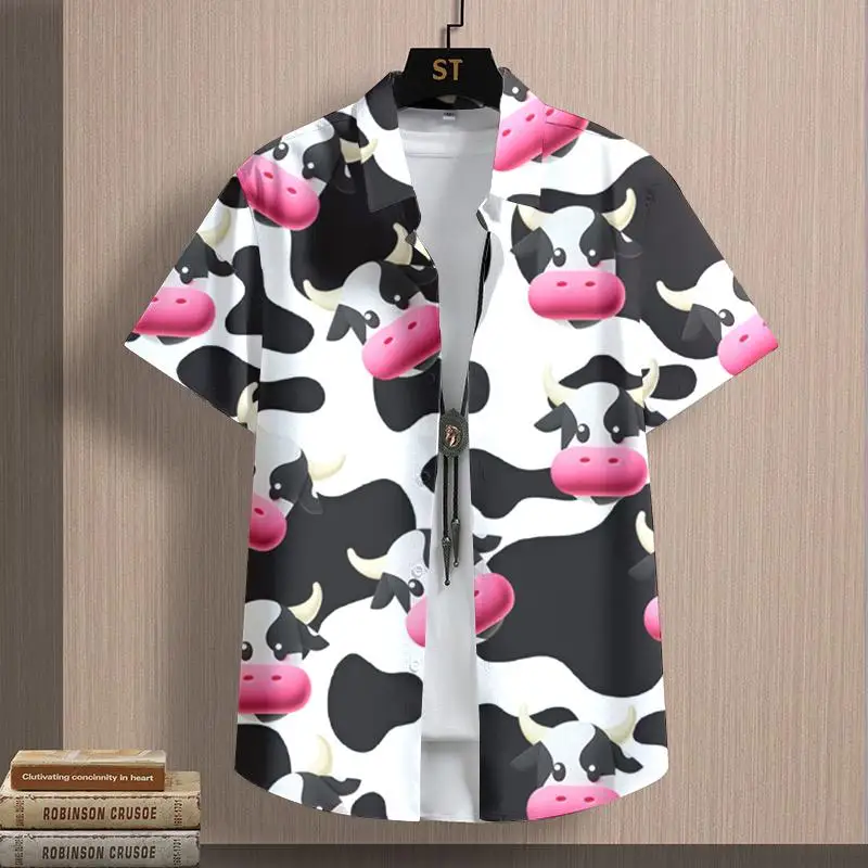 Kawaii Unisex Shirt Anime Cow Pattern Shirts For Men Summer Casual Short Sleeved Tops Oversized T-Shirt Button Up Collar Blouse