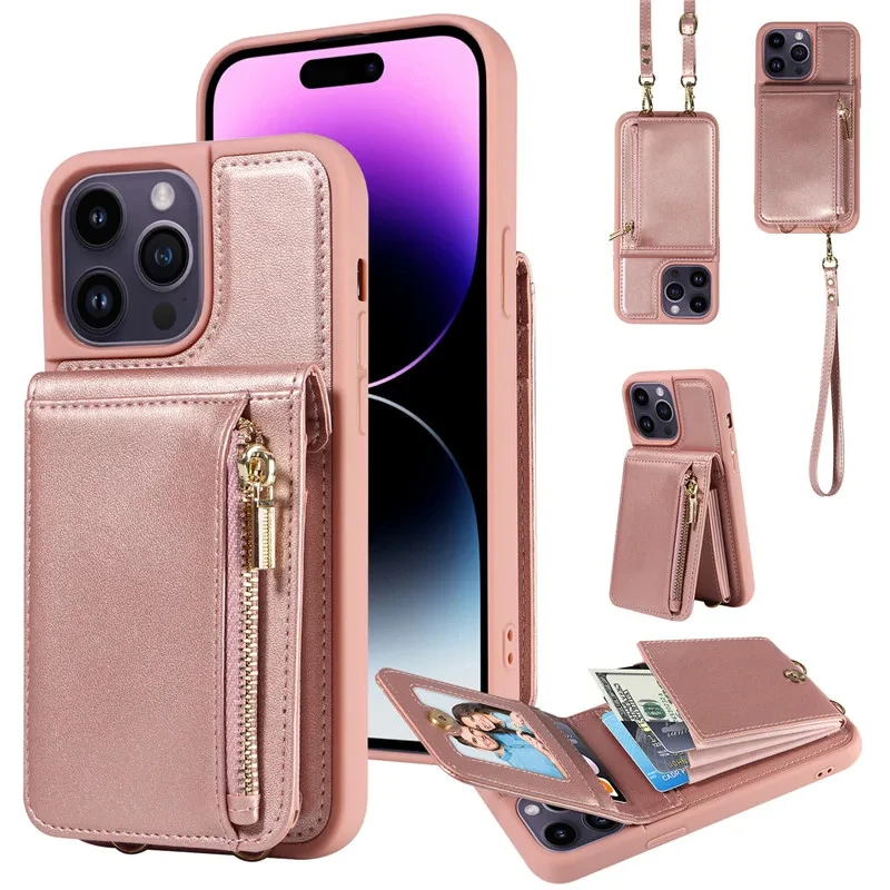 

Zipper Wallet Crossbody Lanyard Phone Case for iPhone 15 14 13 12 11 Pro Max XR XS 7 8 Plus Organ Card Slot Holder Leather Cover