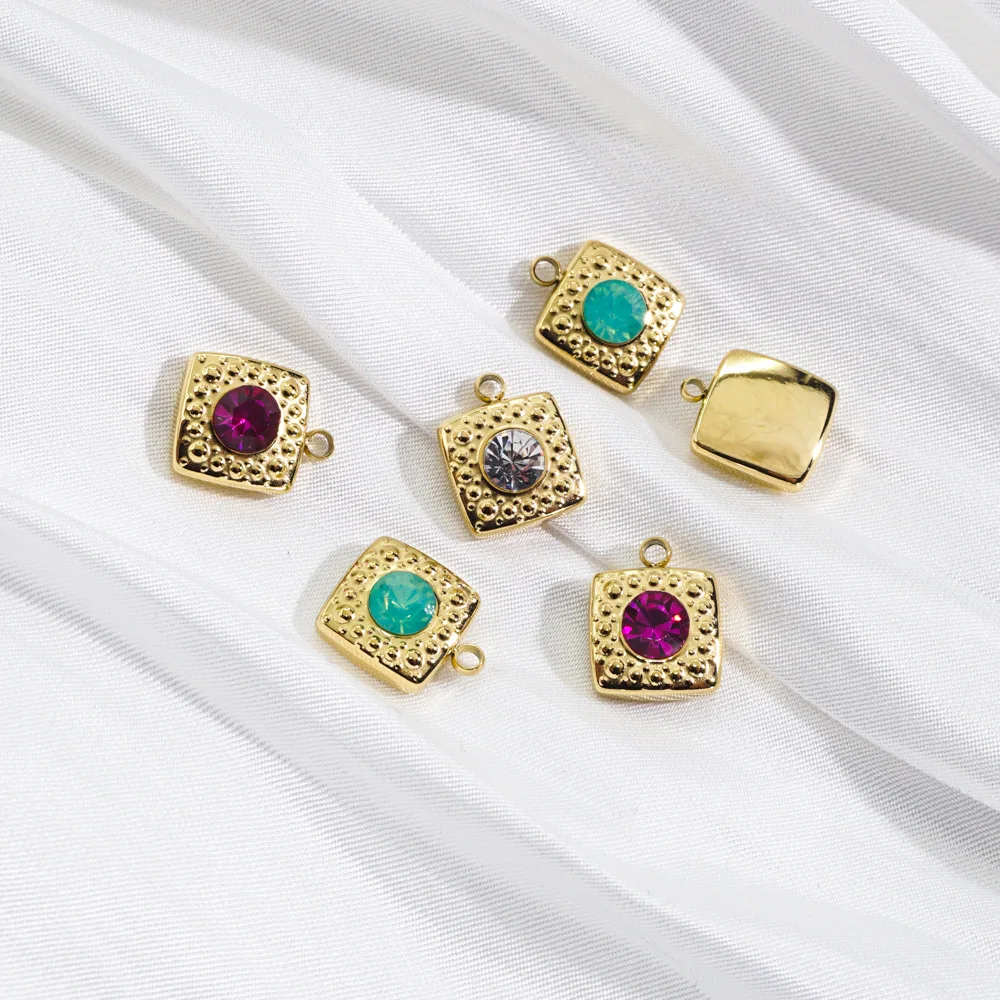 2PCS Luxury Square Pendant with Muti Color Gold Plated Stainless Steel Zircon Charms for DIY Jewelry Making Accessories