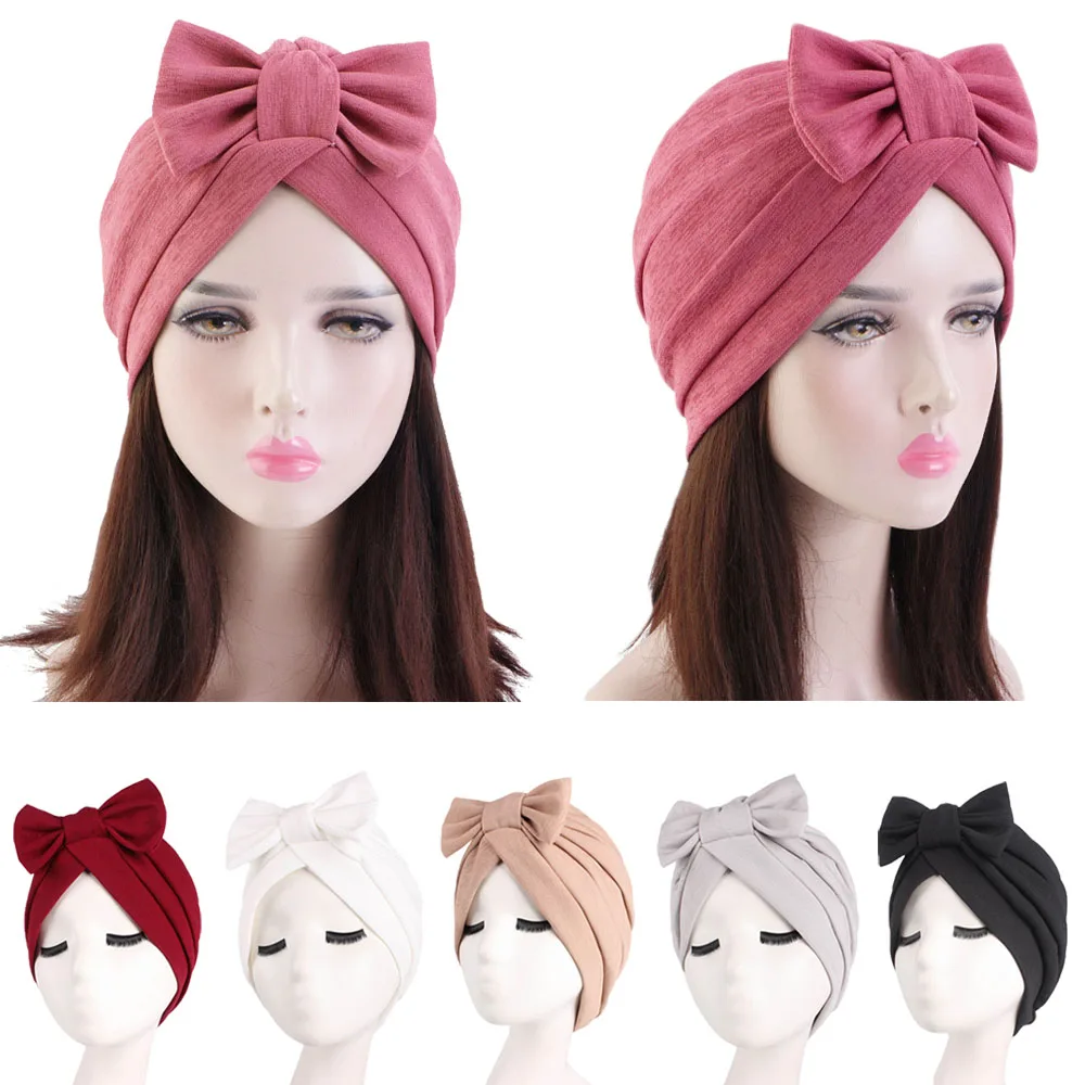 

New Indian Women Muslim Hijab Bonnet Stretch Chemo Cap Cancer Hat Bowknot Hair Loss Cover Head Scarf Wrap Beanies Turbante Mujer