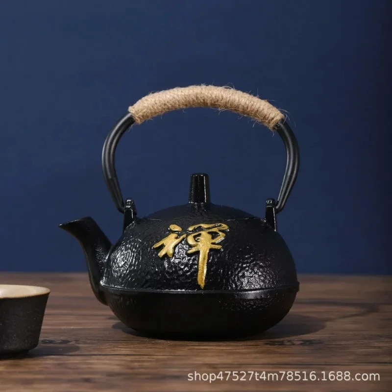 Retro nostalgic black particle cast iron teapot for home use, large capacity lifting beam teapot, uncoated pig iron teapot