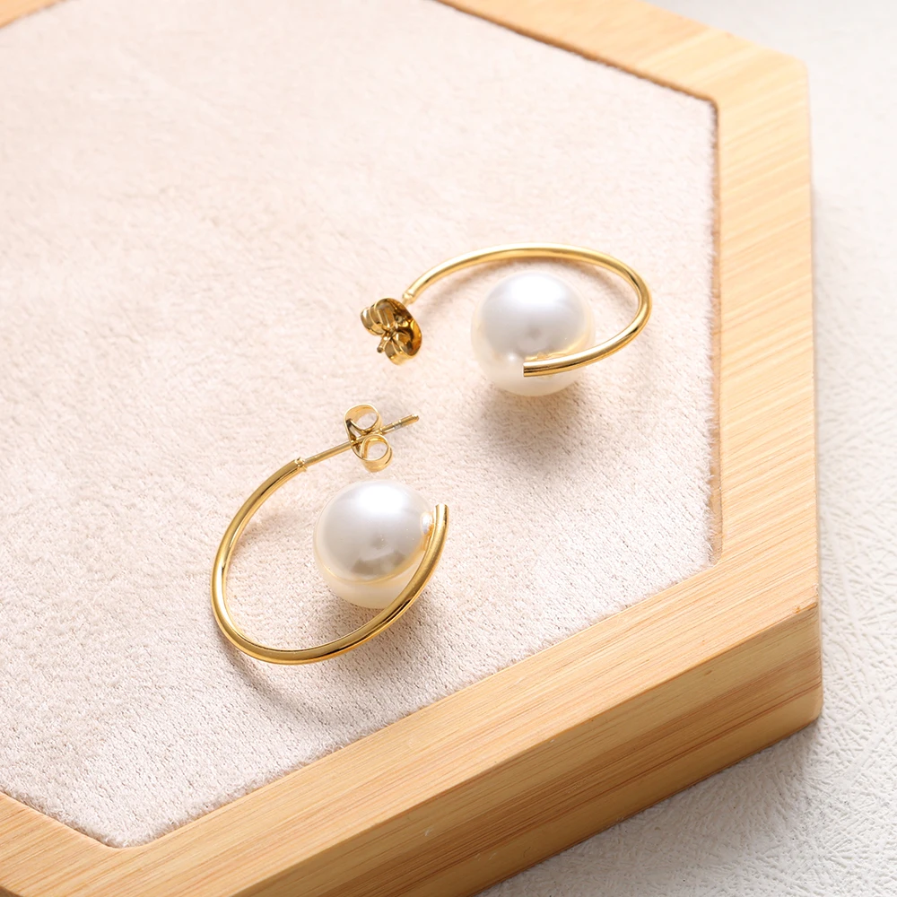 JINHUI Exquisite Stainelss Steel C-Shaped Simulation Pearls Earrings for Elegant Women Metal Line Jewelry Party Gift Wholesale